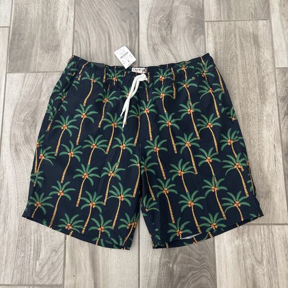 J Crew Flex Swimwear Swim Trunks Mens Sz M Blue Palm Trees Mesh Lined NWT - Picture 1 of 8